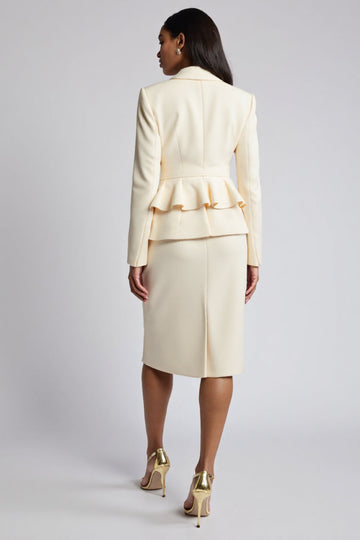 Ivory Bodycon Peaked Lapel 2 Pieces Ruffled Midi Work Dress